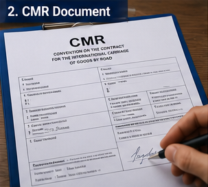 Document de transport CMR folosit în transportul rutier european, cu detalii despre expediție și semnături