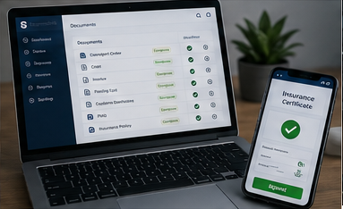 Platformă digitală de logistică ce afișează certificate de asigurare online și managementul documentelor de transport