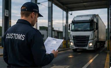 Oficiali din logistică și vamă verificând documente de asigurare și transport în timpul unei operațiuni de marfă