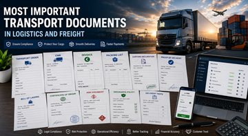 Colecție de documente importante de transport, inclusiv CMR, factură, documente vamale și urmărire digitală a logisticii în Europa