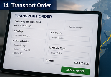 Comandă de transport digitală cu detalii despre expediție, rută și alocarea vehiculului într-o platformă logistică